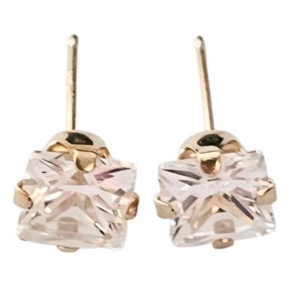 14K Yellow Gold Square Post, CZ Earrings - Picture 1 of 13